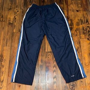 Champion Navy Joggers with White and Blue Stripes and Zip Bottoms